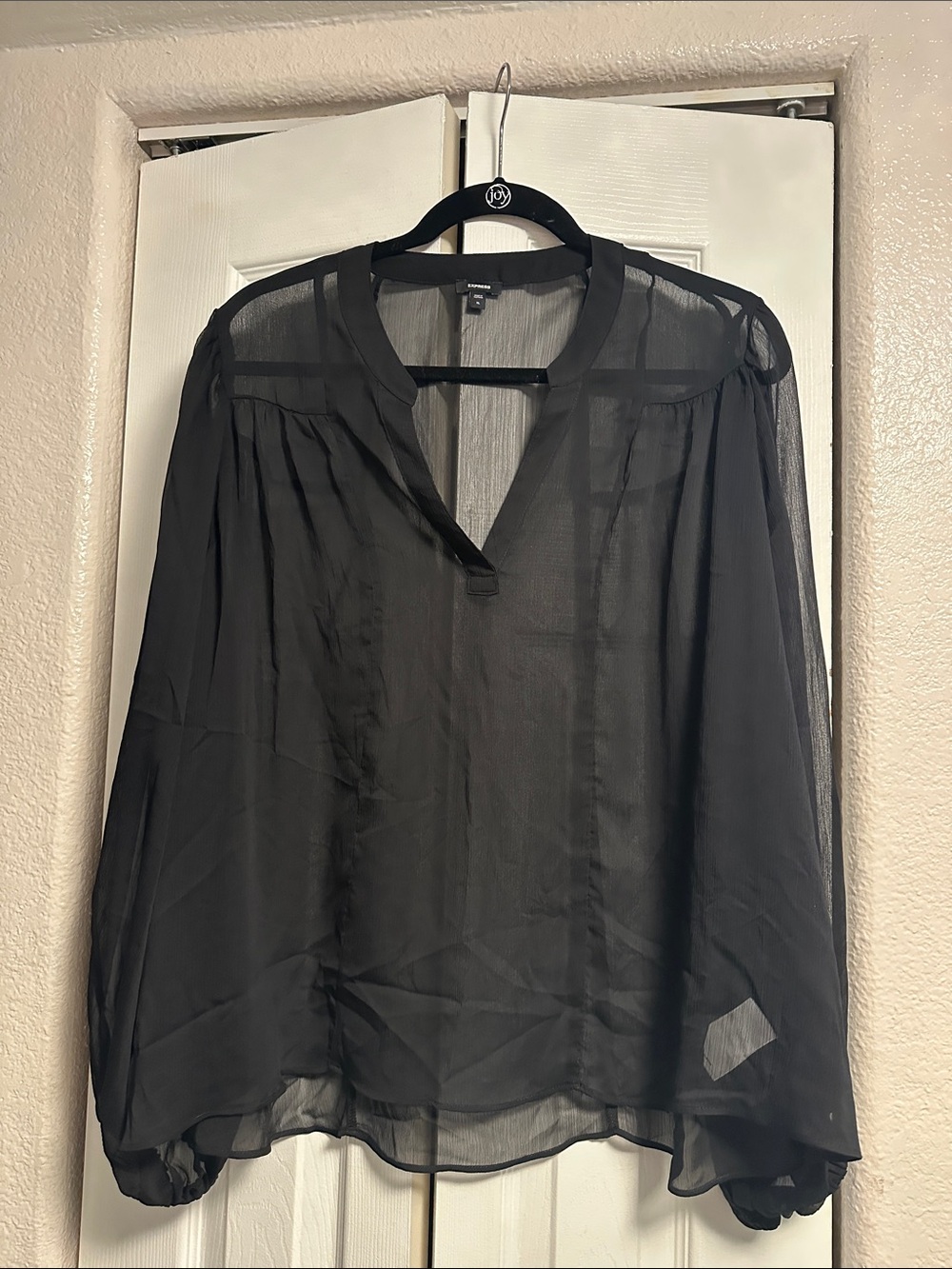 Express Sheer Black Long-Sleeve V-Neck Blouse
